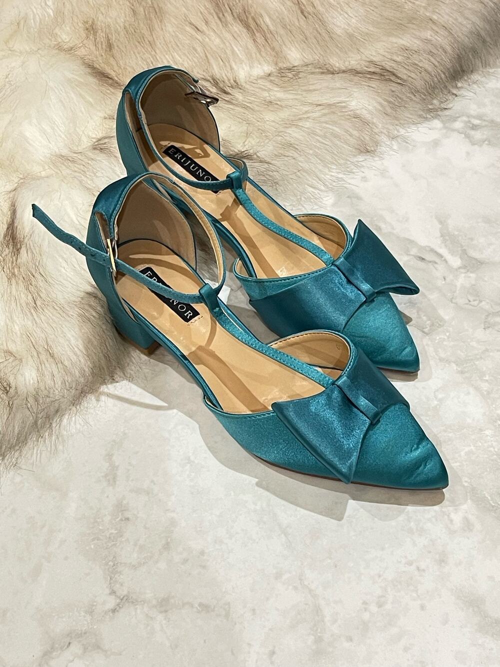 ERIJUNOR Bow Shoes Low Heels Pointy Toe T-Strap Size 7